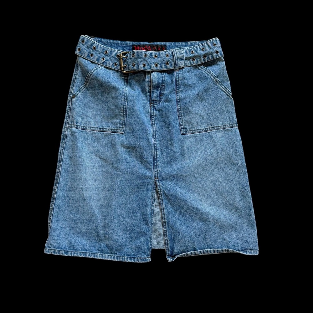 Y2K Mudd Denim Midi Skirt Medium Wash Belted Front Slit Sz 9 Utility Pocket